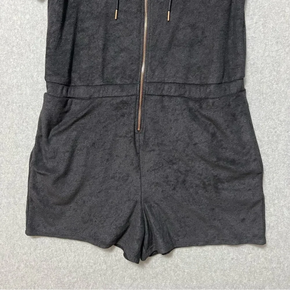 YITTY Terry Cloth Romper Size XL Black Hooded Zip Up Elastic Waist Athleisure - Picture 7 of 13
